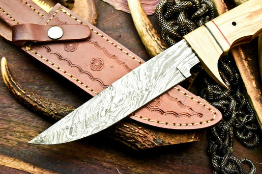 The Olive Grove Sentinel: 13" Artisan Damascus Bowie with Olive Wood Handle