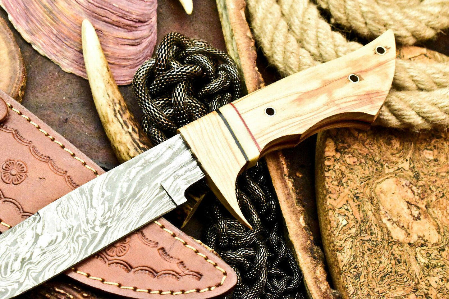 13" Custom Hand Forged Damascus Steel Knife Damascus Bowie Knife with Olive Wood Handle