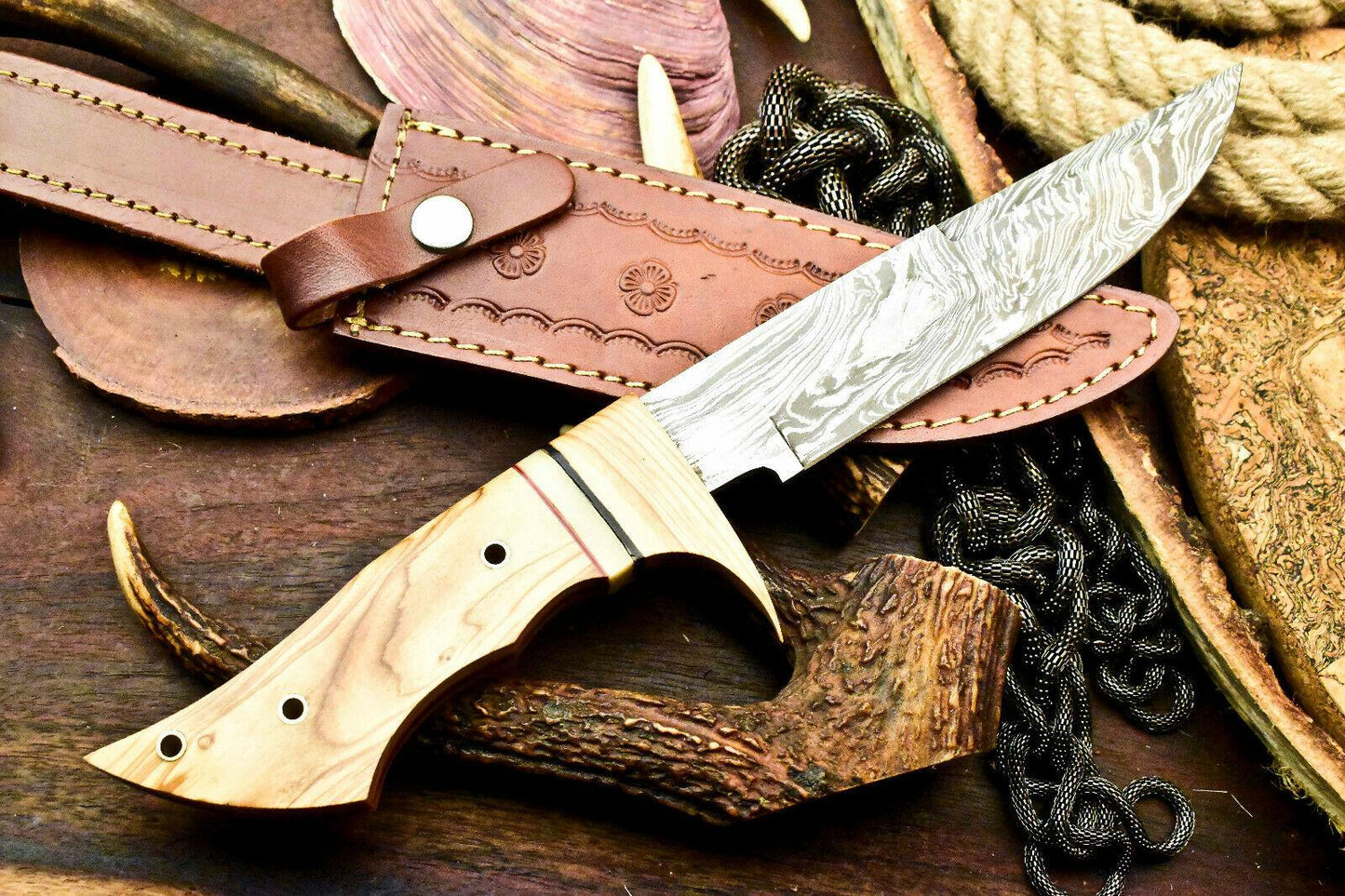 The Olive Grove Sentinel: 13" Artisan Damascus Bowie with Olive Wood Handle