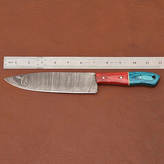 Handmade Damascus Steel Fillet & Chef Knife with Pakka Wood Handle and Leather Sheath