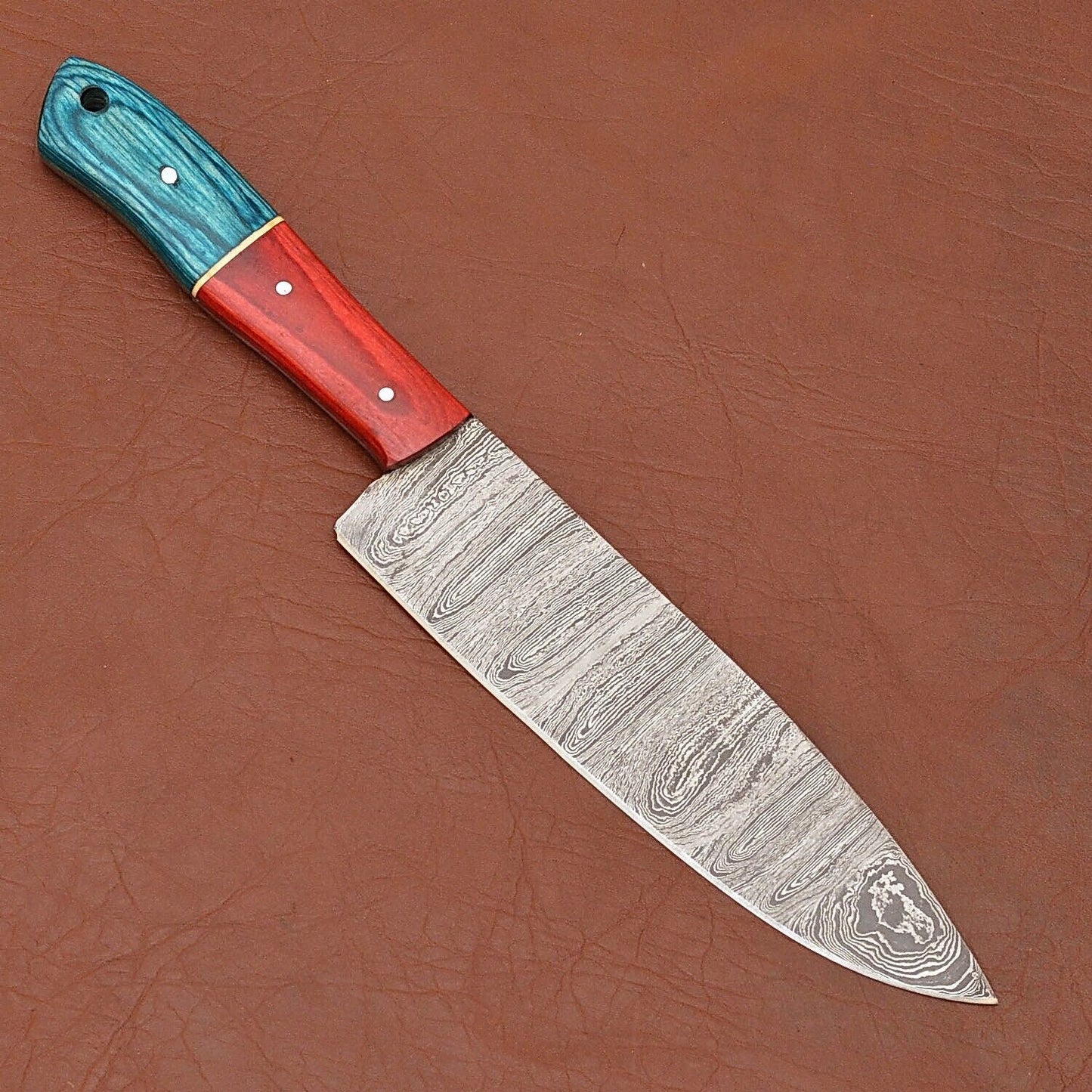 Handmade Damascus Steel Fillet & Chef Knife with Pakka Wood Handle and Leather Sheath