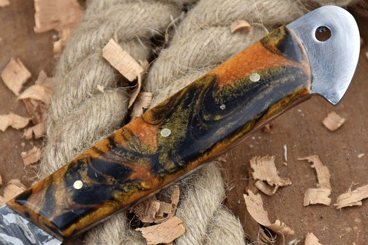 Custom Handmade Forged Damascus Steel Kitchen Chef Knife – 11" Blade with Black & Orange Raisin Handle