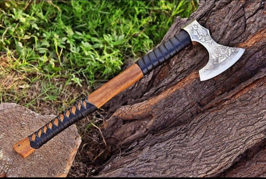 Viking Handmade High Carbon Steel Bearded Tomahawk Axe with Engraved Head and Leather Sheath