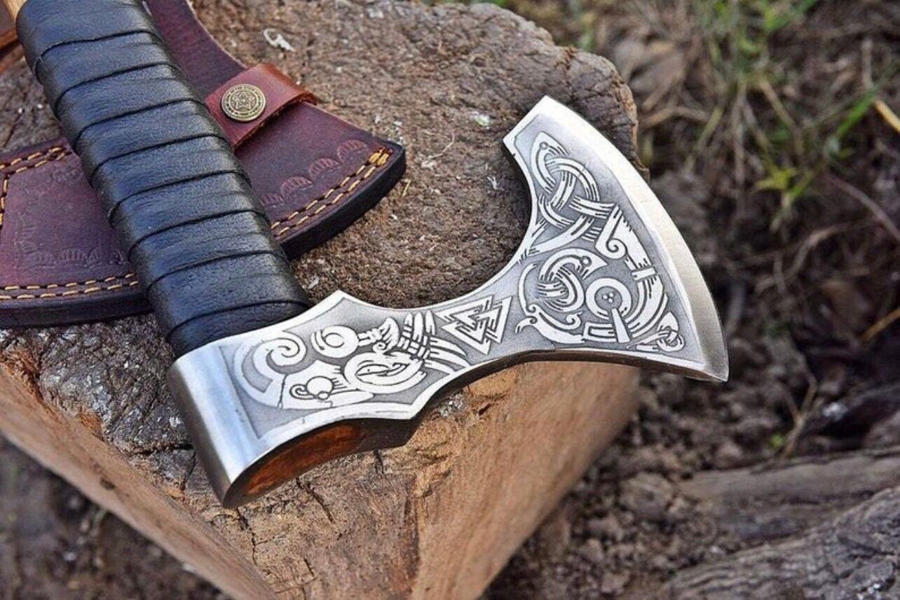 Viking Handmade High Carbon Steel Bearded Tomahawk Axe with Engraved Head and Leather Sheath