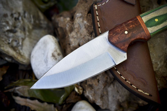 8" Custom Forged Skinner Knife AUS-8 Steel Hard Wood Handle Micarta Bolster with Leather Sheath Hiking