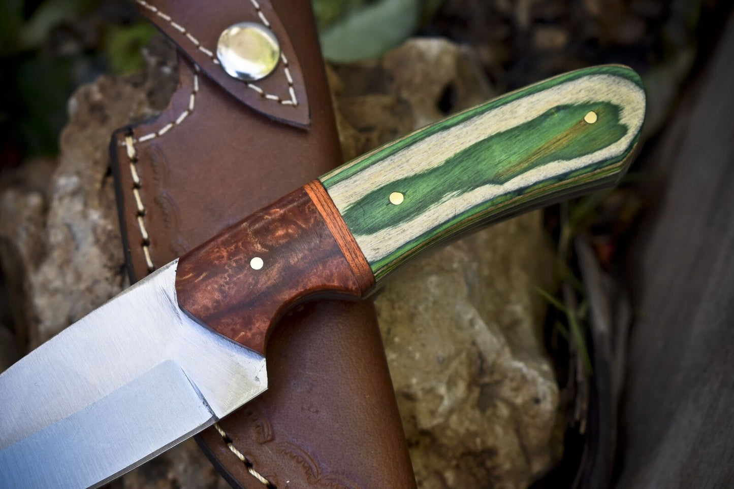 8" Custom Forged Skinner Knife AUS-8 Steel Hard Wood Handle Micarta Bolster with Leather Sheath Hiking