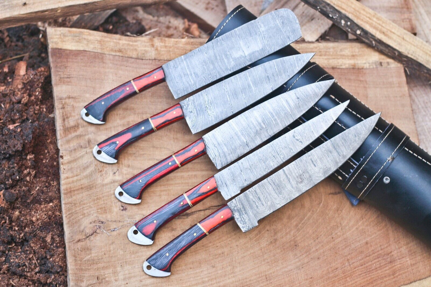 Custom Handmade Damascus Steel Chef Knife Set – 5 Pc Hand Forged Kitchen Knives