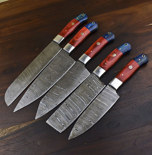 Custom Handmade Damascus Chef Knife Set of 5 | Hardwood Handle, Steel Bolster, Full Tang Survival Bushcraft Knives