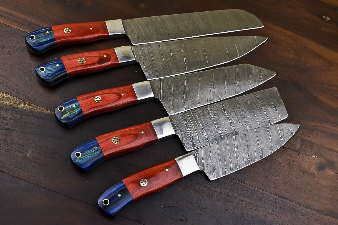 Custom Handmade Damascus Chef Knife Set of 5 | Hardwood Handle, Steel Bolster, Full Tang Survival Bushcraft Knives