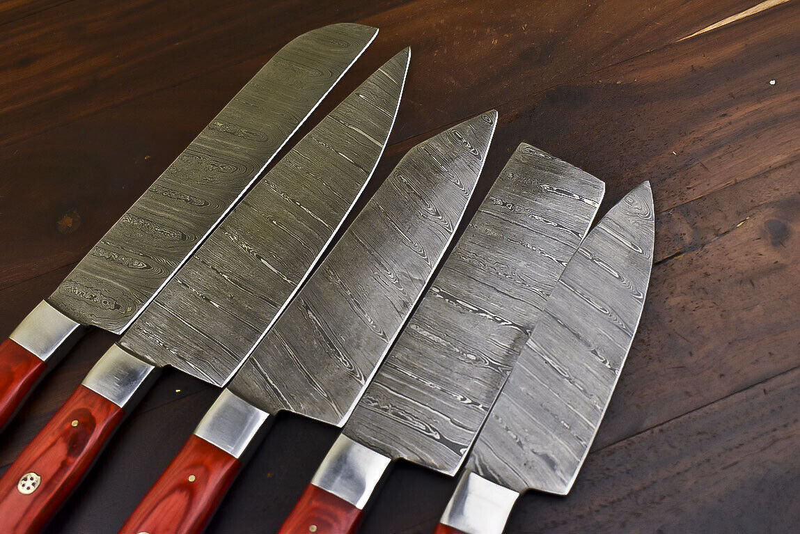 Custom Handmade Damascus Chef Knife Set of 5 | Hardwood Handle, Steel Bolster, Full Tang Survival Bushcraft Knives