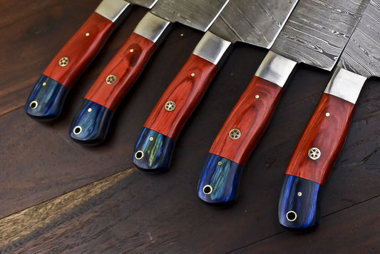 Custom Handmade Damascus Chef Knife Set of 5 | Hardwood Handle, Steel Bolster, Full Tang Survival Bushcraft Knives