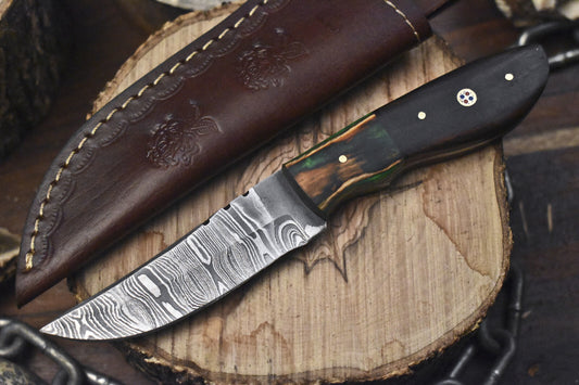 Custom Twist Damascus Skinner Knife with Walnut Wood Handle and Leather Sheath
