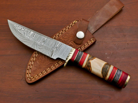 Handmade Damascus Engraved Burn Bone Bowie Hunting Knife