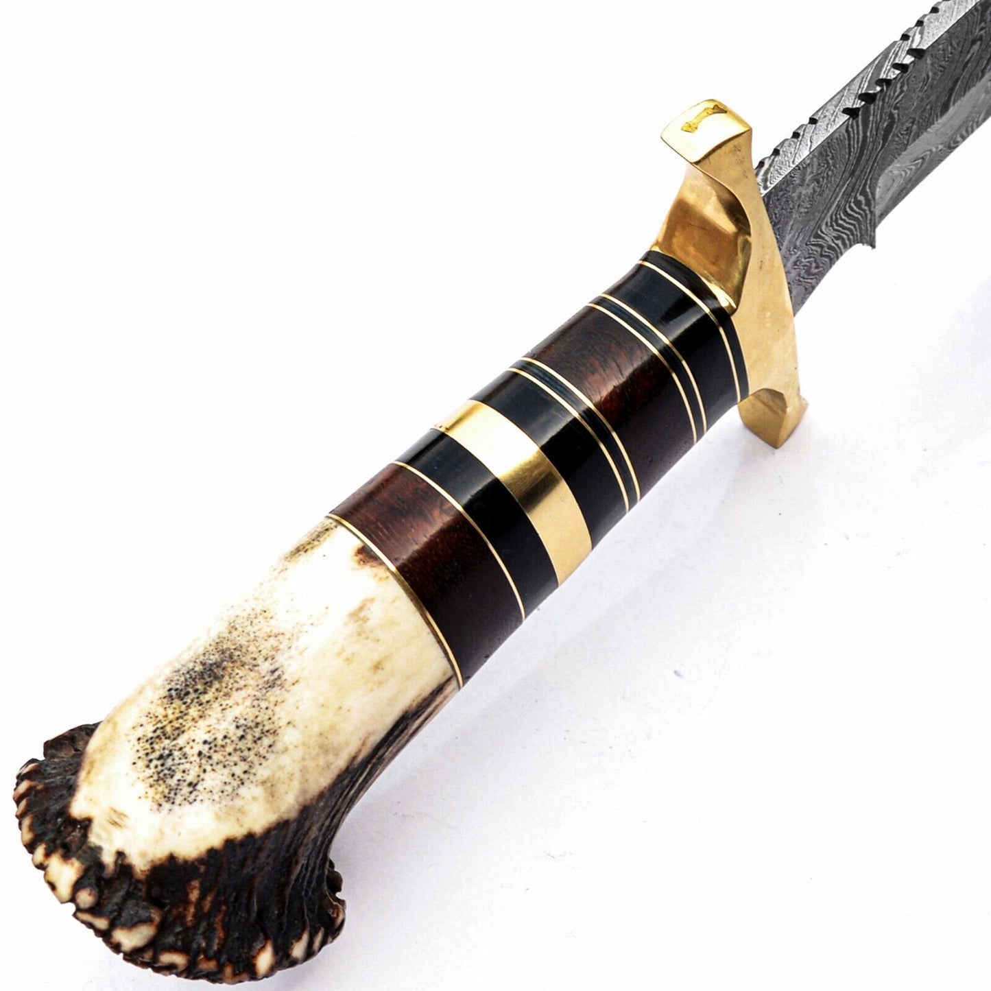 Heritage Forge 15 Inch Handmade Damascus Steel Bowie Knife with Stag Antler Handle – Full Tang Hunting & Survival Knife