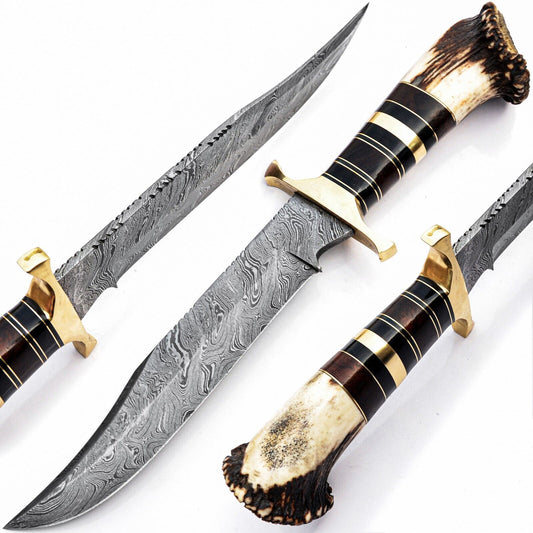 Heritage Forge 15 Inch Handmade Damascus Steel Bowie Knife with Stag Antler Handle – Full Tang Hunting & Survival Knife