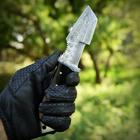 8 Inch Damascus Steel Bowie Tracker Knife with Bull Horn Handle