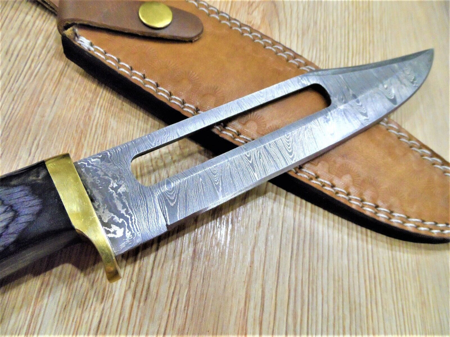 Heritage Forge 13 Inch Handmade Damascus Steel Bowie Knife with Hardwood Handle and Leather Sheath