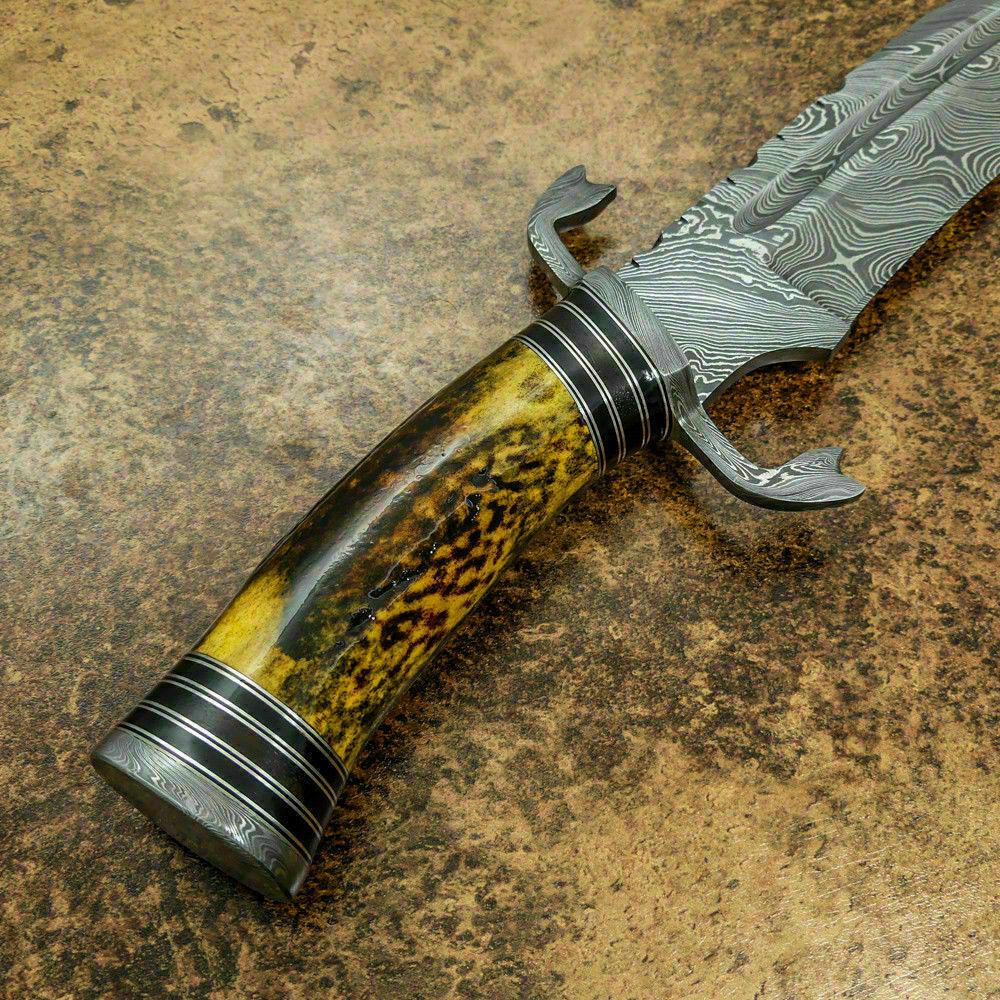 Titan 14 Inch Damascus Bowie Hunting Knife | Stag Horn Handle
