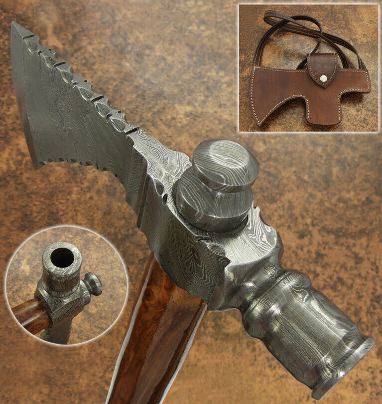 Handmade Damascus Steel Throwing Pipe Viking Axe with Walnut Wood Handle and Leather Sheath