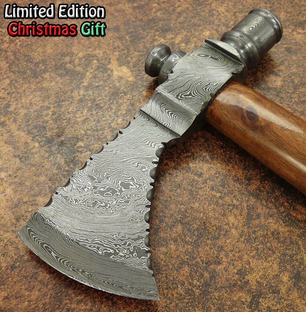 Handmade Damascus Steel Throwing Pipe Viking Axe with Walnut Wood Handle and Leather Sheath