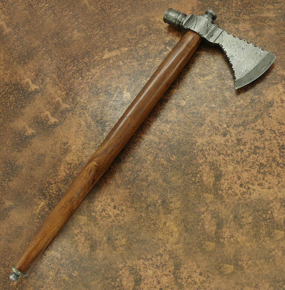 Handmade Damascus Steel Throwing Pipe Viking Axe with Walnut Wood Handle and Leather Sheath