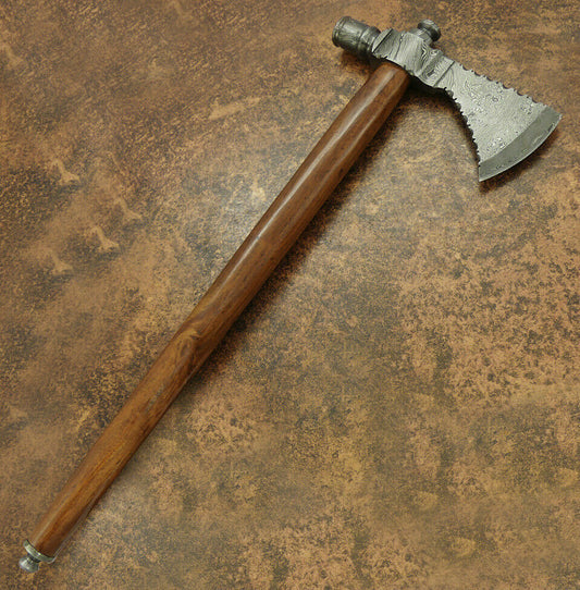 Handmade Damascus Steel Throwing Pipe Viking Axe with Walnut Wood Handle and Leather Sheath