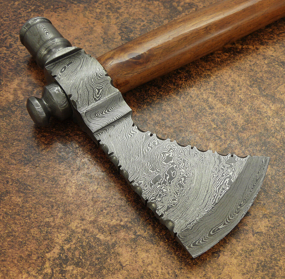 Handmade Damascus Steel Throwing Pipe Viking Axe with Walnut Wood Handle and Leather Sheath