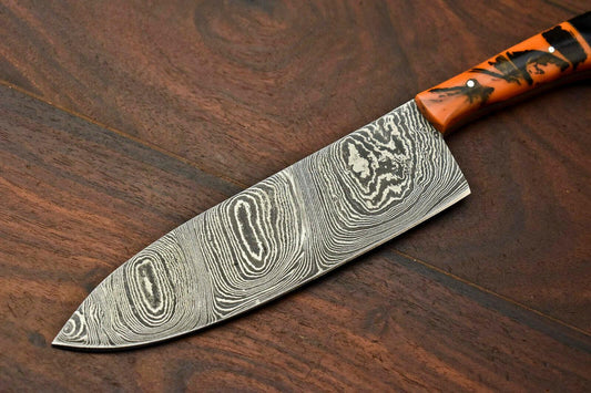 Handmade Damascus Steel Chef Kitchen Knife | 12" Full Tang, 7" Blade, Corian Handle
