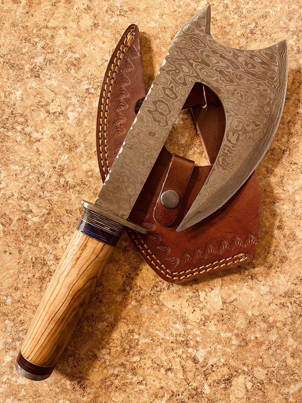 Custom Handmade Damascus Olive Wood Hunting Clever Chopper Axe Knife – 12 Inch