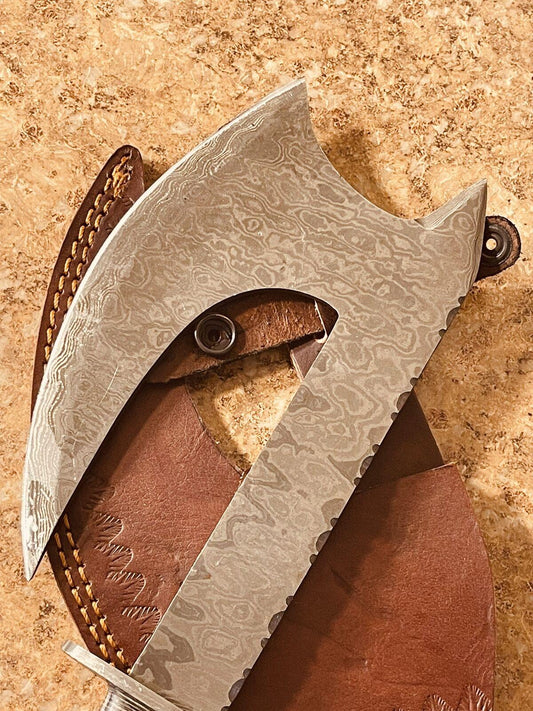 Custom Handmade Damascus Olive Wood Hunting Clever Chopper Axe Knife – 12 Inch