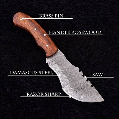 Handmade Damascus Tracker Knife – Horizontal Carry Scout Knife with Wood Handle & Leather Sheath