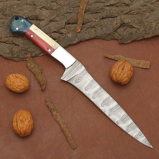 Handmade Damascus Steel Chef Knife – Kitchen Knife with Wood Handle & Leather Sheath