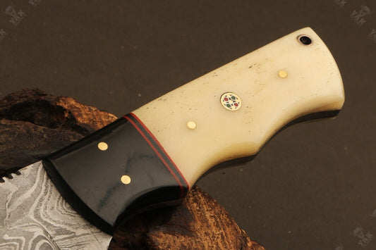 8.5" Hand Forged Twist Damascus Steel Drop Point Bowie Knife | Camel Bone Handle