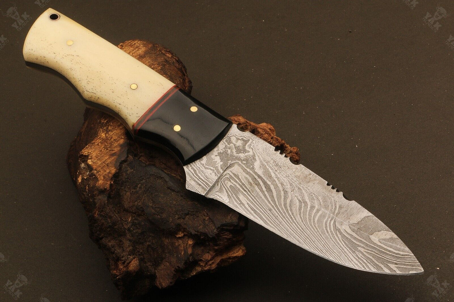 8.5" Hand Forged Twist Damascus Steel Drop Point Bowie Knife | Camel Bone Handle