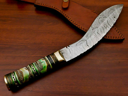 15" Handmade Damascus Khukri Kukri Bowie Knife – Engraved Bone Handle