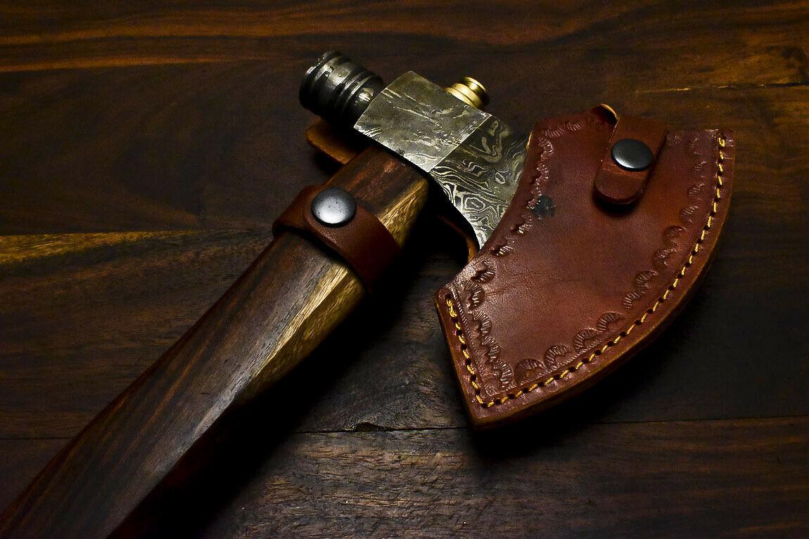 Hand Forged Damascus Steel Axe Walnut Wood Hunting Axe Knife with Pipe and Leather Sheath