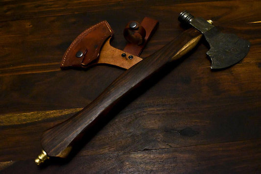 Hand Forged Damascus Steel Axe Walnut Wood Hunting Axe Knife with Pipe and Leather Sheath