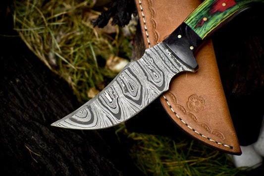 Twist Damascus Skinner Knife with Hardwood Handle and Micarta Bolster for Hunting and Camping