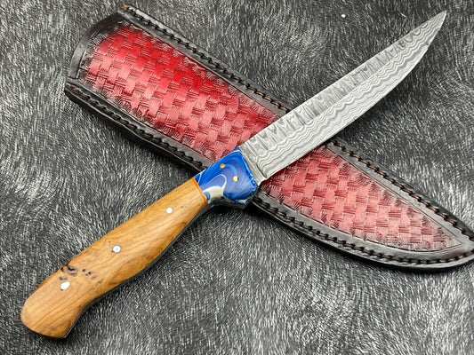Heritage Forge 11 Inch Damascus Steel Hunting Bowie Knife with Olive Wood and Resin Handle