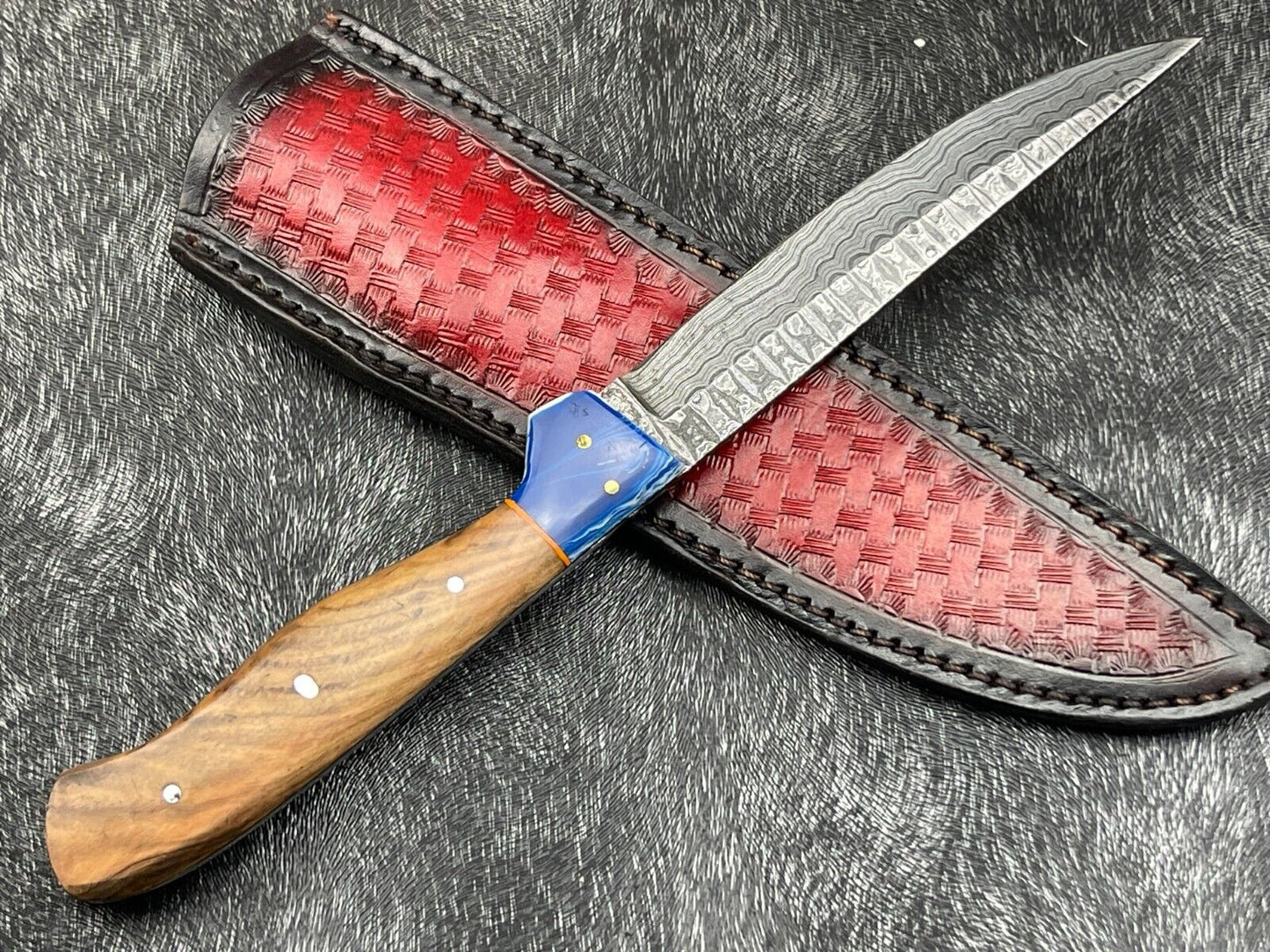 Heritage Forge 11 Inch Damascus Steel Hunting Bowie Knife with Olive Wood and Resin Handle