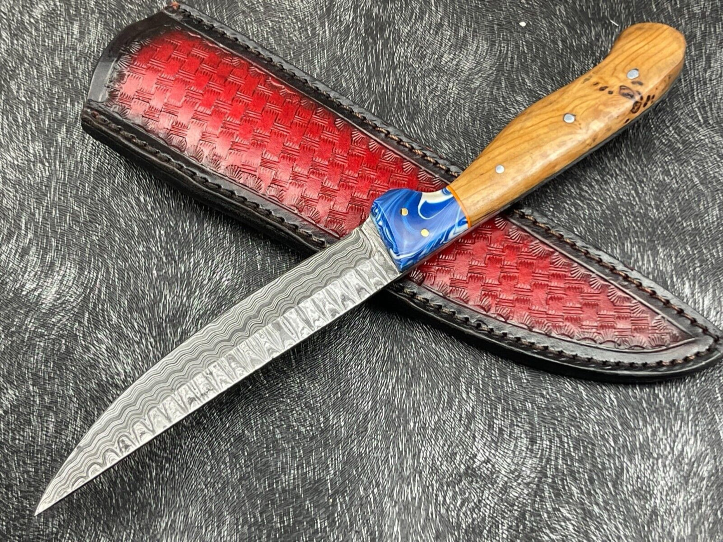 Heritage Forge 11 Inch Damascus Steel Hunting Bowie Knife with Olive Wood and Resin Handle