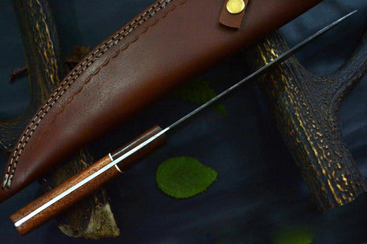 12.5" Handmade Damascus Steel Chef Knife – Custom Kitchen Knife with 7.3" Blade, Walnut Handle & Leather Sheath