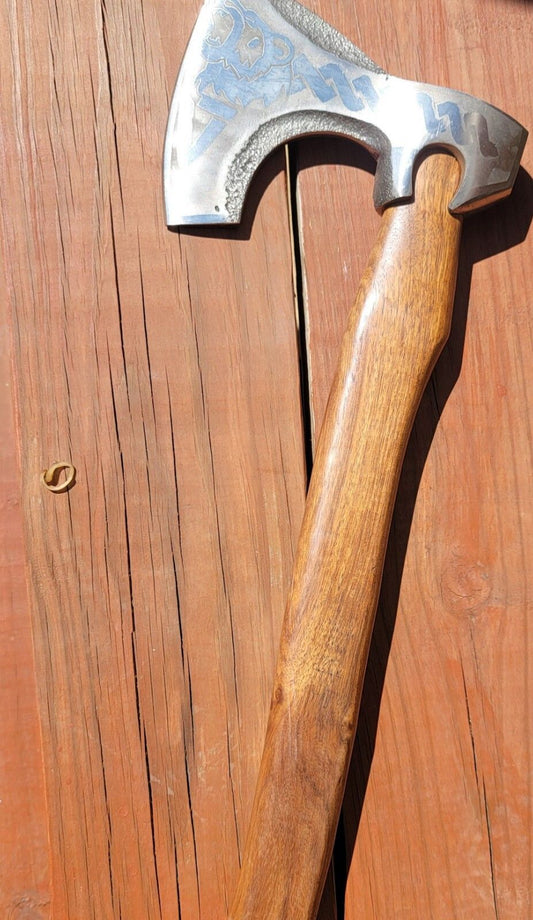 Custom Hand Forged Carbon Steel Viking Axe with Rose Wood Handle and Leather Sheath – Camping Hatchet