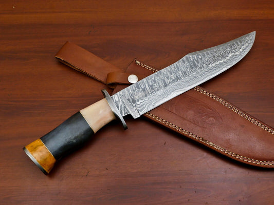17 Inch Custom Handmade Damascus Bowie Knife with Stained Camel Bone Handle