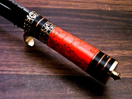 Crimson Fang 13 Inch Damascus Bowie Knife | Red Jasper & Horn Brass Handle with Leather Sheath