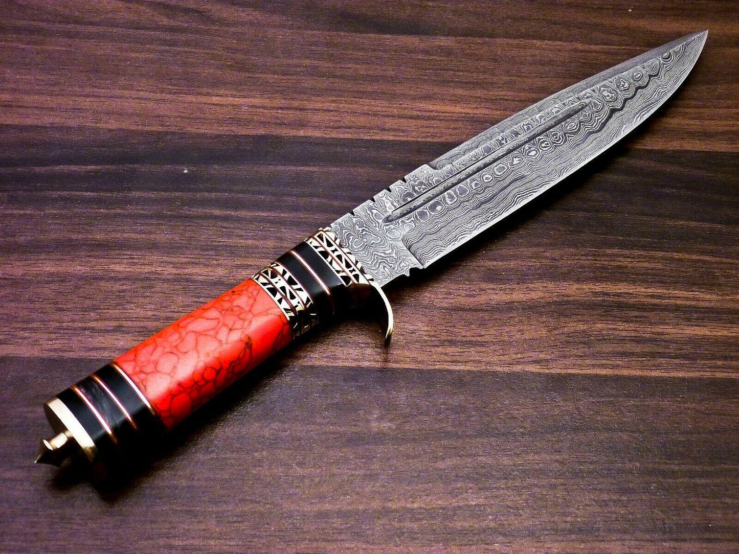Crimson Fang 13 Inch Damascus Bowie Knife | Red Jasper & Horn Brass Handle with Leather Sheath