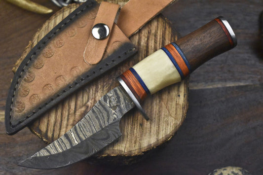 Twist Damascus Skinner Knife Bone and Wood Handle Custom Handmade Hunting Gift
