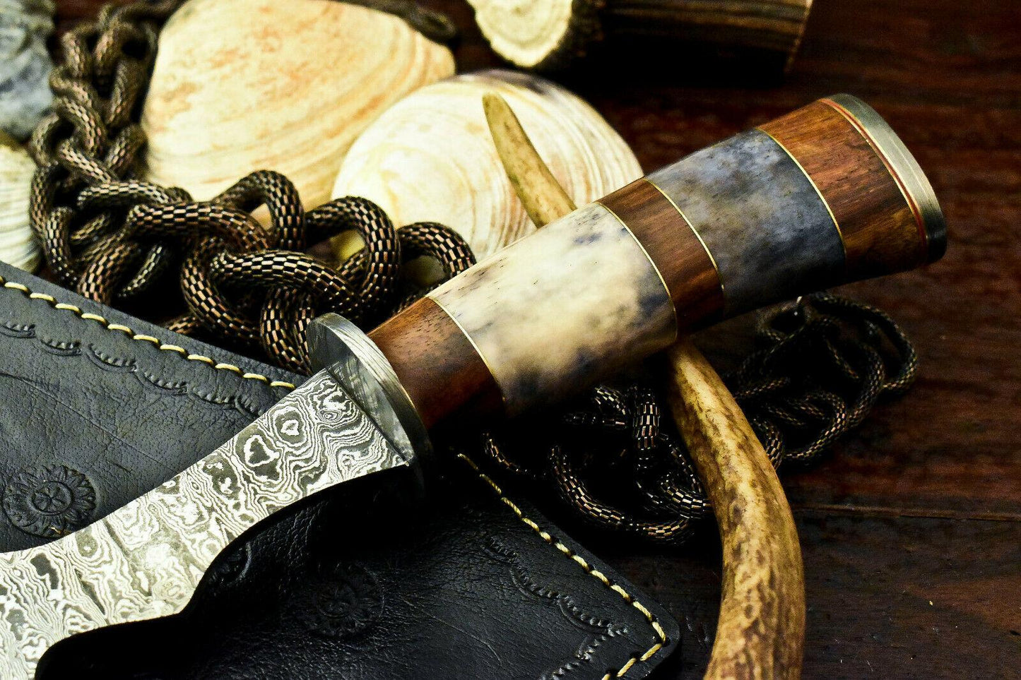 12.5" Damascus Bowie Knife | Premium Camel Bone Handle