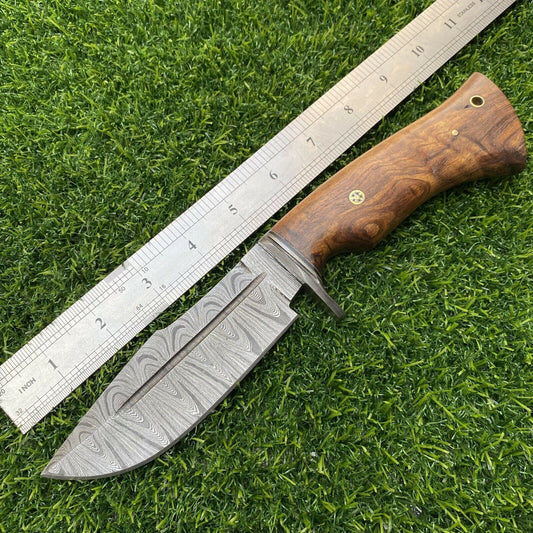 9 Inch Damascus Hunting Bowie Knife with Damascus Steel Handle