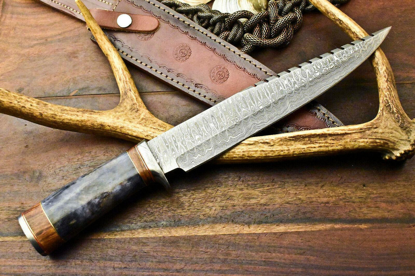 15" Handmade Damascus Bowie Knife – Camel Bone Handle & Leather Sheath